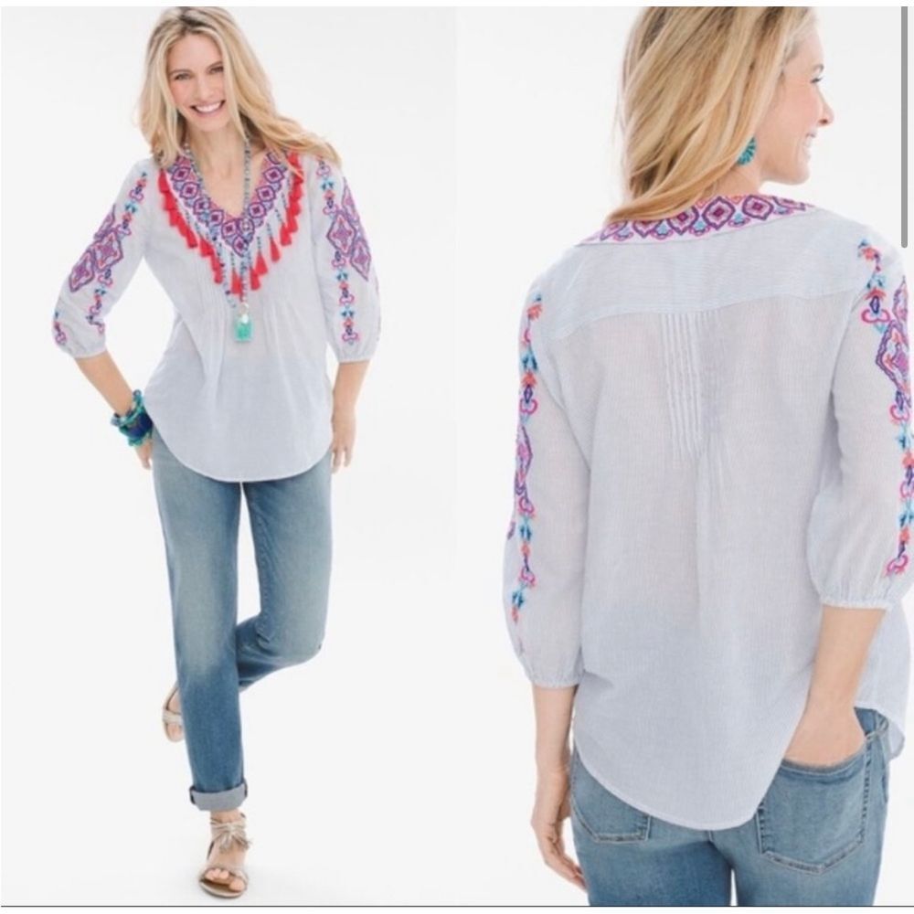 CHICO'S Pinstriped Embroidered Tassel Trim Beaded Peasant Top Size 3P Large Boho